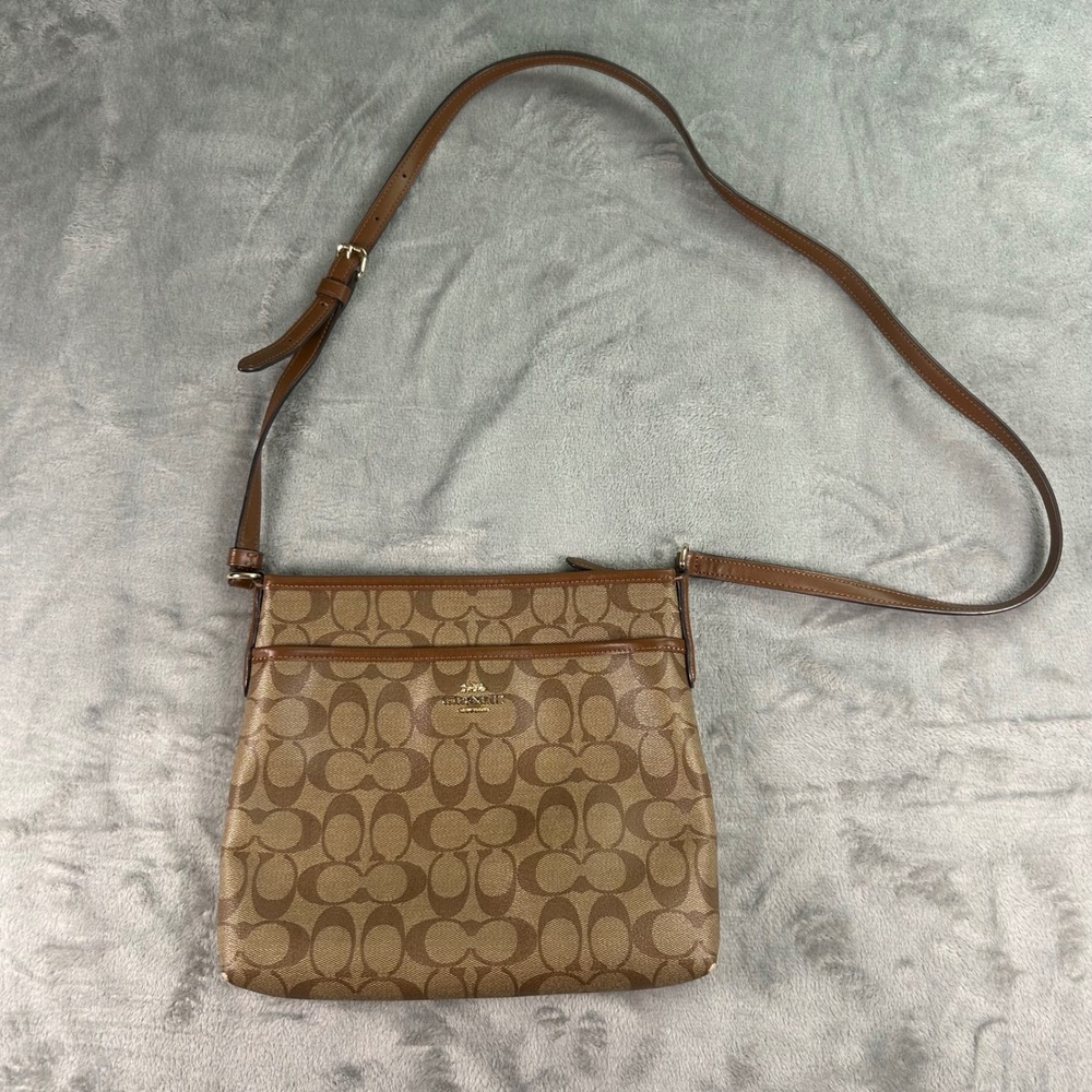 Coach Signature North South File Crossbody Bag Khaki Saddle F29210